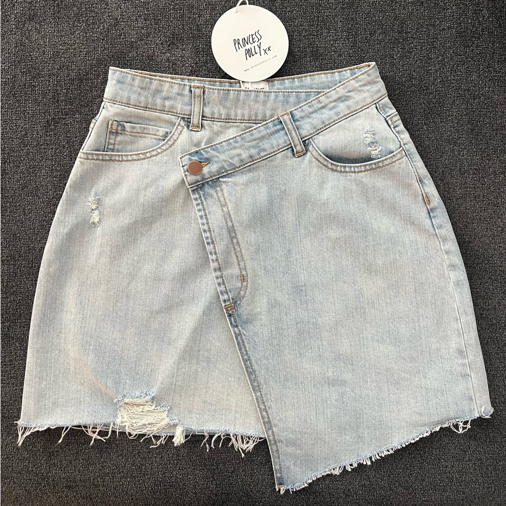 NWT Princess Polly Light Wash Asymmetrical Denim Mini Skirt